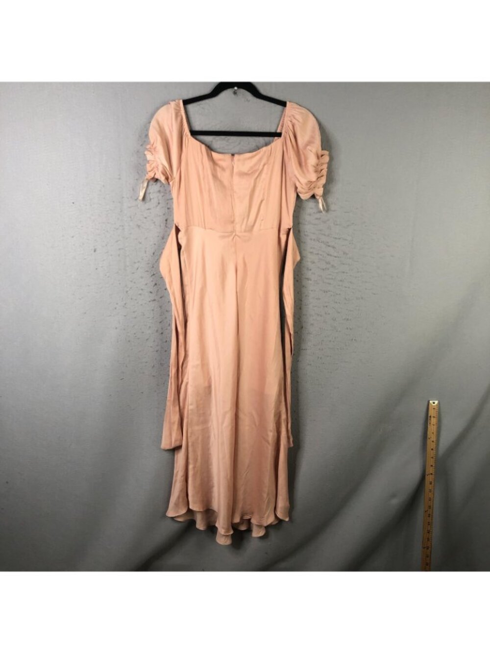 Sage + Paige Dress Womens L Pink Swing Dancing Midi Puff Sleeve Satin Ruched - Picture 2 of 16